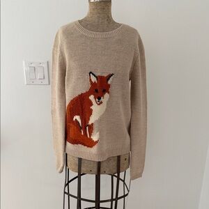 Garnet Hill Wool Blend Crewneck Sweater with Fox Intarsia- Warm Rust/Cream XS